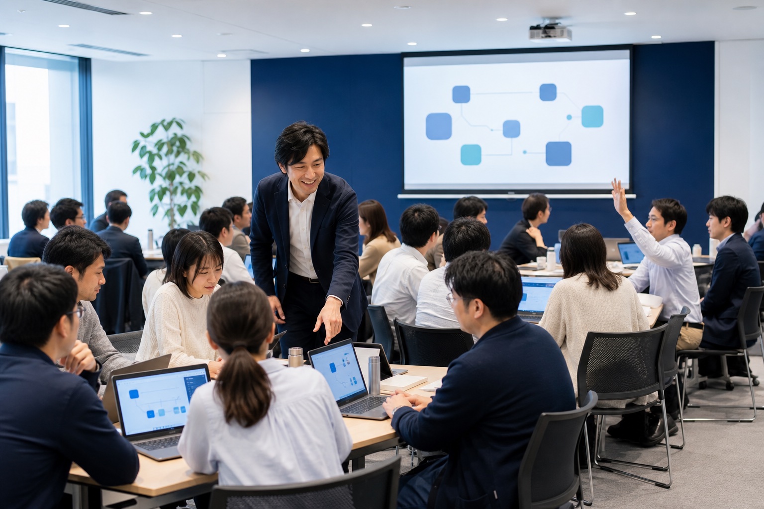 企業向けAI研修で講師が受講者のパソコン演習を進行する様子