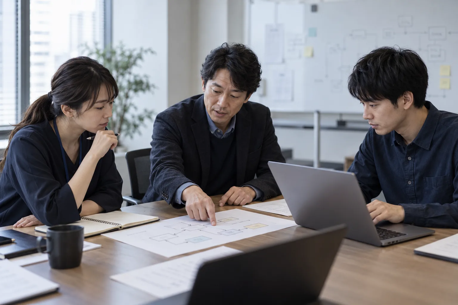 業務フローを囲み、課題と進め方を話し合う3人のイメージ