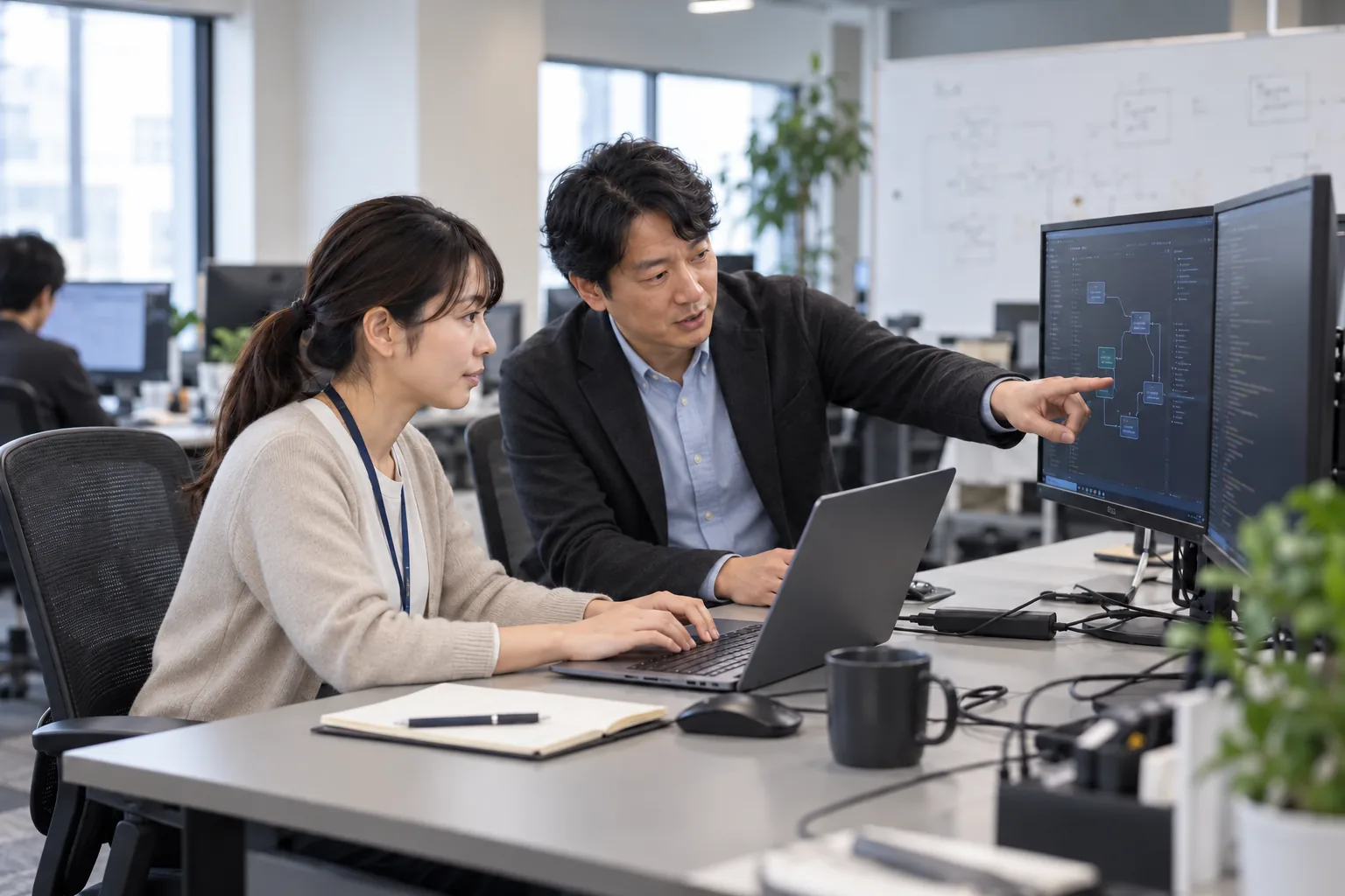 PC画面を確認しながら業務ツールを開発するエンジニアのイメージ