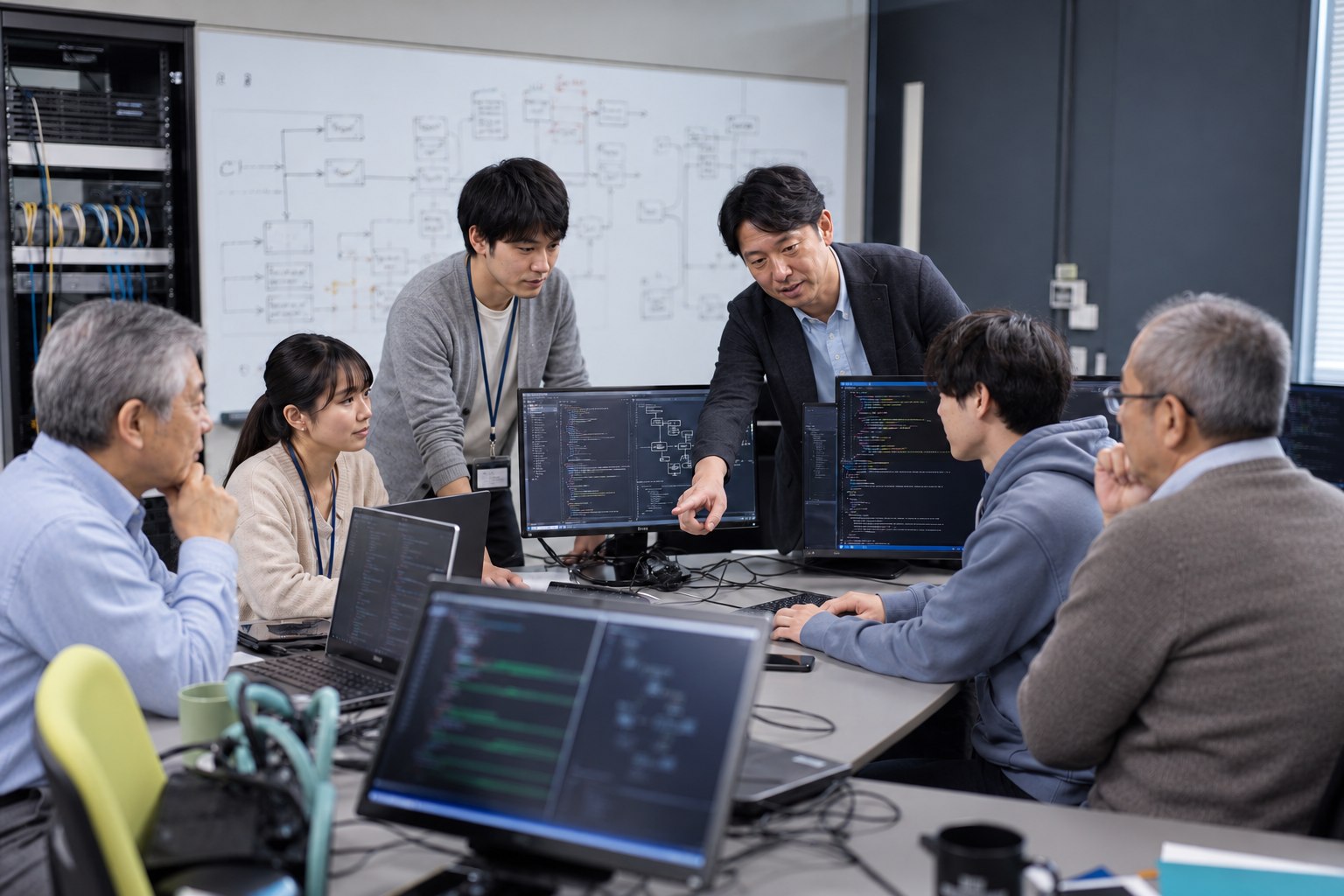 SES企業のエンジニアがコードと業務フローを前にAI実装を検討するFDE育成研修
