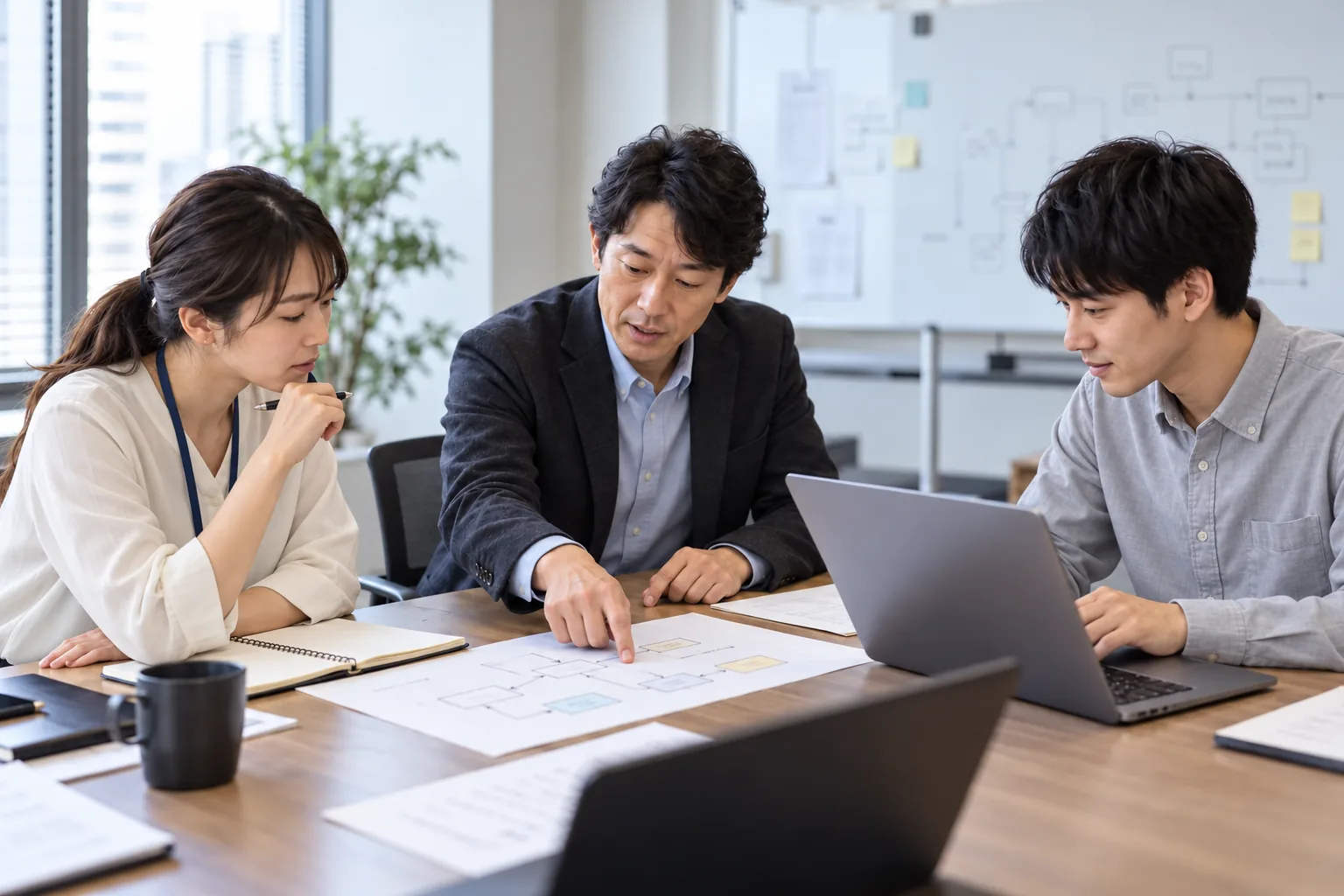 業務フローを囲み、課題と進め方を話し合う3人のイメージ