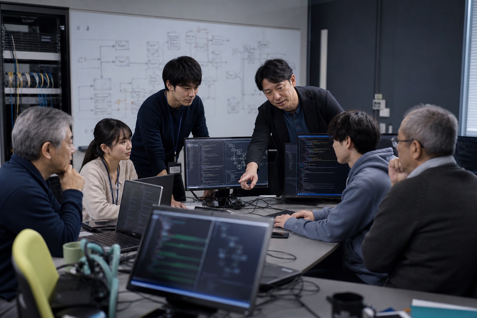 幅広い年代の社員がパソコンを使ってAIとSaaSによる業務実装を学ぶFDE育成研修